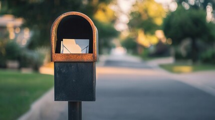 Mailbox mockup, letters inside, suburban street, postal service