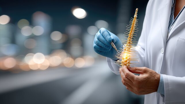 Medical professional examines a spinal model with precision in a modern clinic during the night