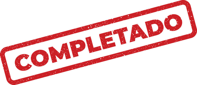 Red rectangular stamp with the word COMPLETADO in Spanish, grungy texture, and angled view
