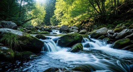 Fototapeta premium Forest stream cascades over rocks, creating blurred water motion in daylight