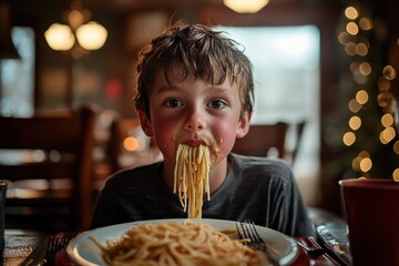Boy with spaghetti hanging from mouth