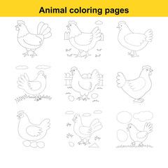 Collection of nine outline drawings of chickens and eggs for coloring pages on a white background fowl