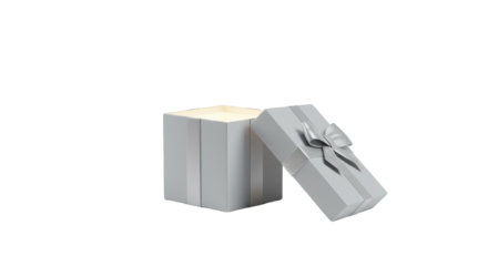 Pristine, partially opened gift box in corporate neutral tones with a simple ribbon, warm light glowing from inside, on a seamless transparent background, concept of innovation