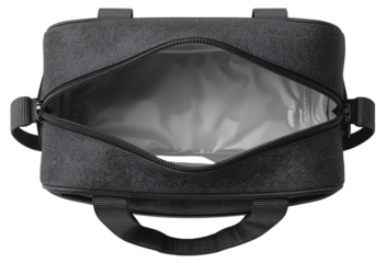 Open gray travel bag, studio shot, empty interior, product photography