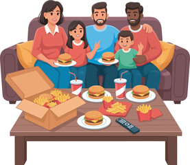 A diverse family enjoys a meal of burgers and fries on a couch, with takeout containers on a coffee table.