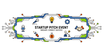 Fototapeta premium Startup Pitch Event banner with colorful tech icons and a circuit boardstyle frame.
