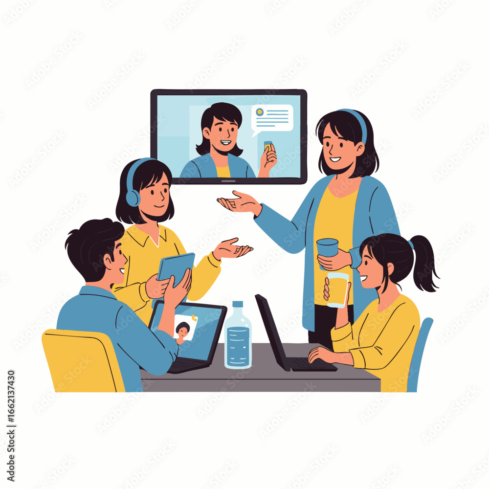 Aufkleber diverse team collaborates effectively on a project using technology for remote communication and sha