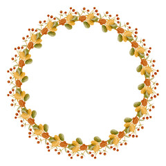 Round frame with autumn leaves and berries. Botanical illustration of plants in watercolor style.