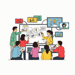 Diverse team collaborates on a business strategy, utilizing a whiteboard and digital screens for planning and presentation.
