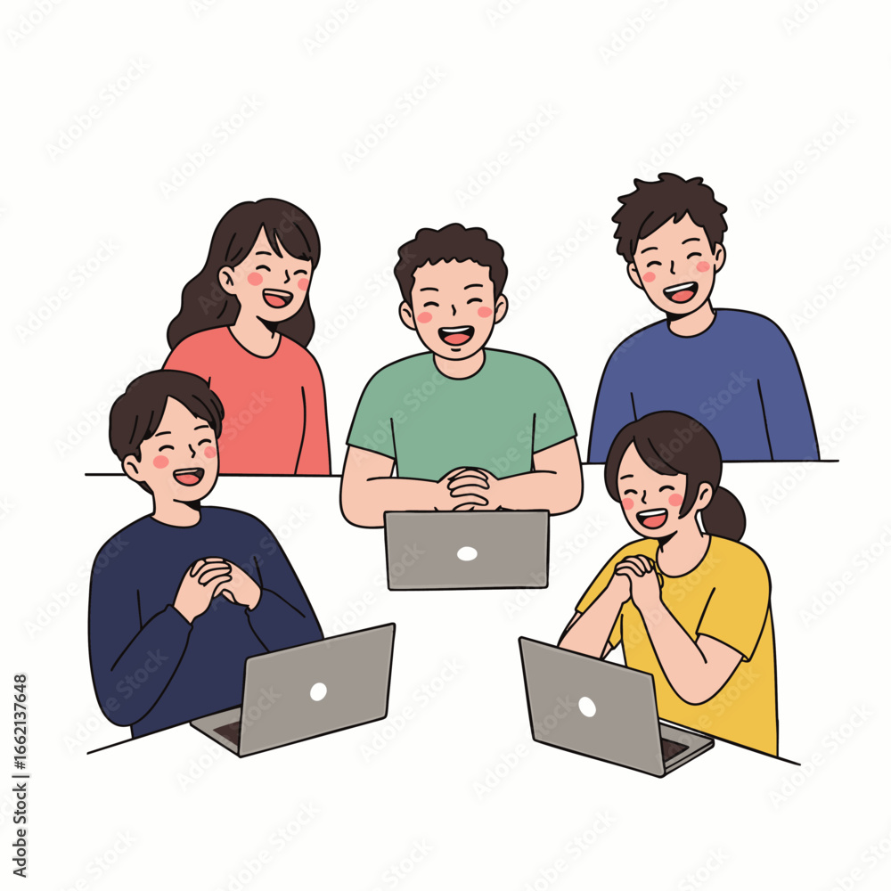 Aufkleber diverse group of colleagues collaborating and smiling while working together on laptops in a modern 
