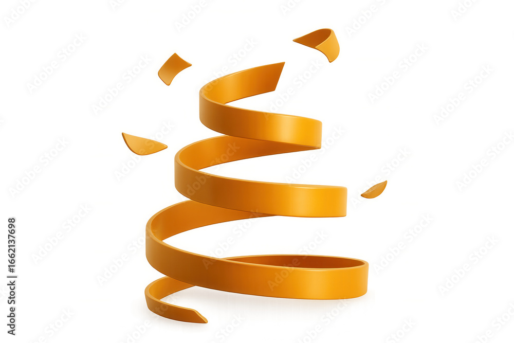 Poster rotating orange spiral ribbon with falling confetti on transparent background, creating dynamic and 