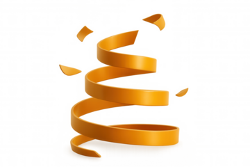 Rotating orange spiral ribbon with falling confetti on transparent background, creating dynamic and festive visual