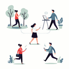 Fototapeta premium People connected through technology while engaging in everyday activities, illustrating modern communication and lifestyle.