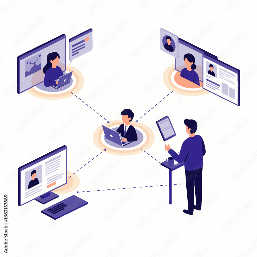 Poster this isometric illustration showcases a modern digital network of professionals collaborating remote