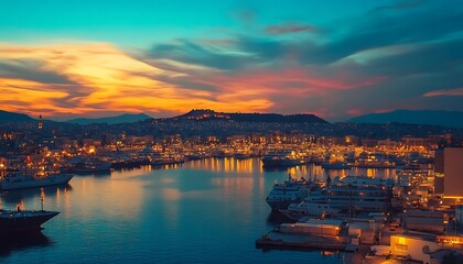 Obraz premium Scenic Evening Skyline with Harbor, Ships, Mountains, and Golden Light Reflections
