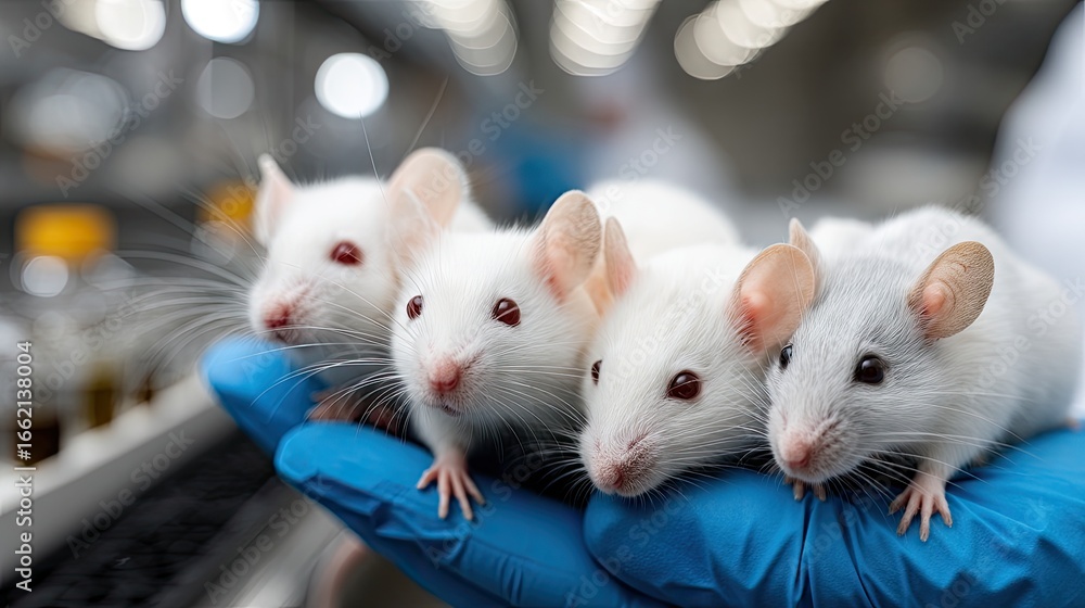Poster researcher holds a group of white laboratory mice in a testing facility to observe their behavior an