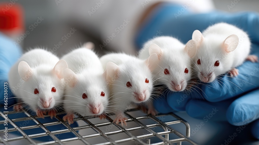Poster researcher holds a group of white laboratory mice in a testing facility to observe their behavior an
