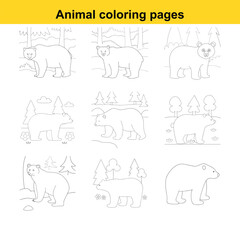 Nine outline drawings of bears in various poses and forest settings for coloring pages Keywords: bear, grizzly bear, brown bear, cub, animal