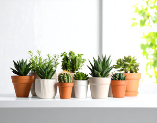 Fototapeta premium A collection of potted succulent plants and cacti arranged on a white shelf against a bright window.