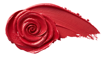 A red lipstick smear shaped like a rose isolated on transparent background, showcasing a luxurious and artistic cosmetic design