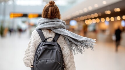 A young person with a bun hairstyle, wearing a cozy sweater and a flowing gray scarf, walks away from the camera through a bright, modern public space with bokeh lights.