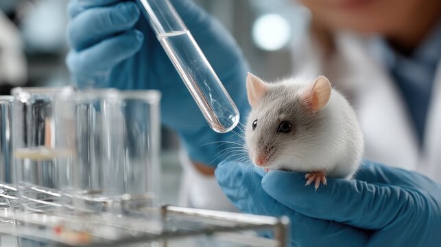 Laboratory mouse being observed closely by a researcher during an experiment in a scientific lab environment in the afternoon