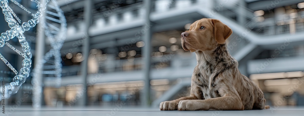 Poster golden labrador lying on the floor in a modern building with a dna model displayed in the background