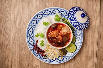 Rice Vermicelli with Northern Thai Curry Sauce, Thai called Khanom Jeen Nam Ngiao, Northern thai cusine