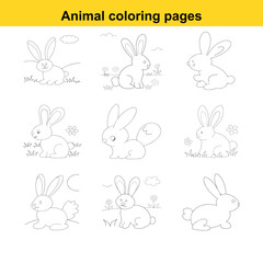 Nine outline drawings of rabbits in various poses and grassy environments for coloring pages Keywords: rabbit, bunny, hare, animal, wildlife, nature