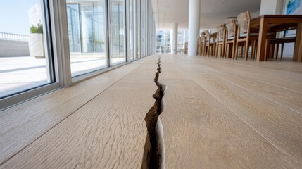 A prominent, jagged crack runs through a light wooden floor in a modern room with large windows, leading to a dining table and chairs.