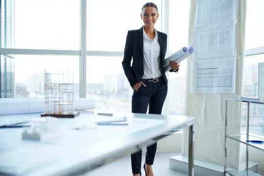 Woman in suit holding blueprints standing in office with architectural models and plans
