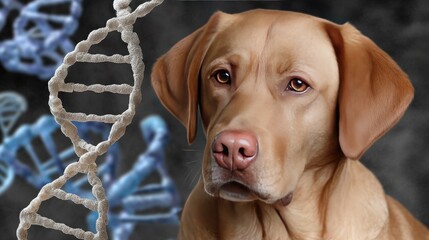 Dog looking at DNA strand in research facility during daylight hours showcasing advances in canine genetics