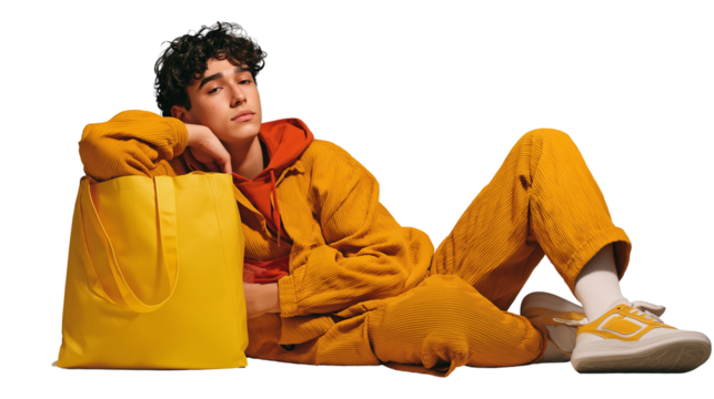 Relaxed young man resting, tote bag on floor, isolated PNG background