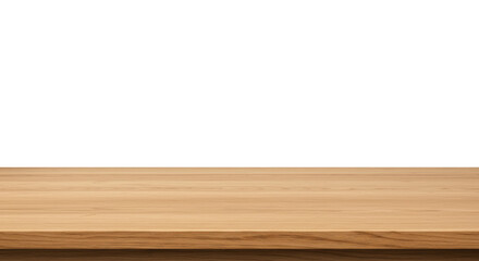 Pristine, empty, light brown natural wooden table with visible grain and sharp edges, on a vast pure transparent studio background, overhead flat lay. Versatility and clean slate concept