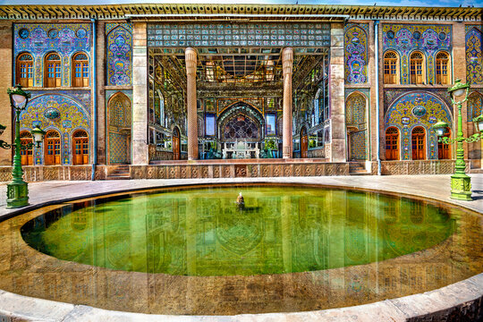 Golestan Palace, UNESCO site in Tehran, Iran. Stunning Persian tilework and mirror mosaics. Ideal for cultural and historical projects.