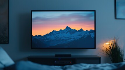 Portable projector displaying movie, living room wall, home entertainment, cozy night