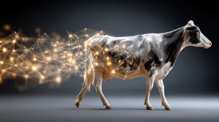 Calf with futuristic glowing circuit patterns in a dark setting, showcasing advanced technology integrated into the animal's structure