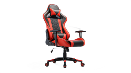 A stylish red and black gaming chair designed for comfort and ergonomic support, isolated on transparent background
