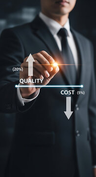 Businessman pointing to a graph showing quality increasing and cost decreasing with percentages improvement