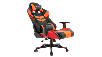 An orange and black gaming chair designed for comfort and ergonomic support, isolated on transparent background