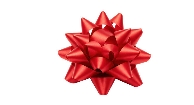 A single, pristine, starburst-shaped, vibrant red satin gift bow isolated on a seamless, transparent background with ample copy space, concept of festive celebration and gifting - Powered by Adobe