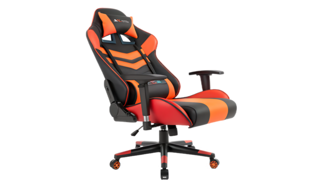 An orange and black gaming chair designed for comfort and ergonomic support, isolated on transparent background