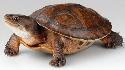 Turtle resting on a smooth surface in a well-lit environment showcasing its textured shell and vibrant colors during daylight hours