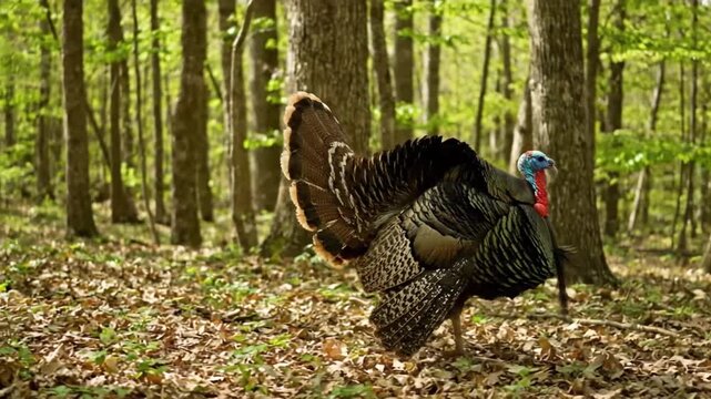 Wild turkey displaying feathers in a natural forest environment