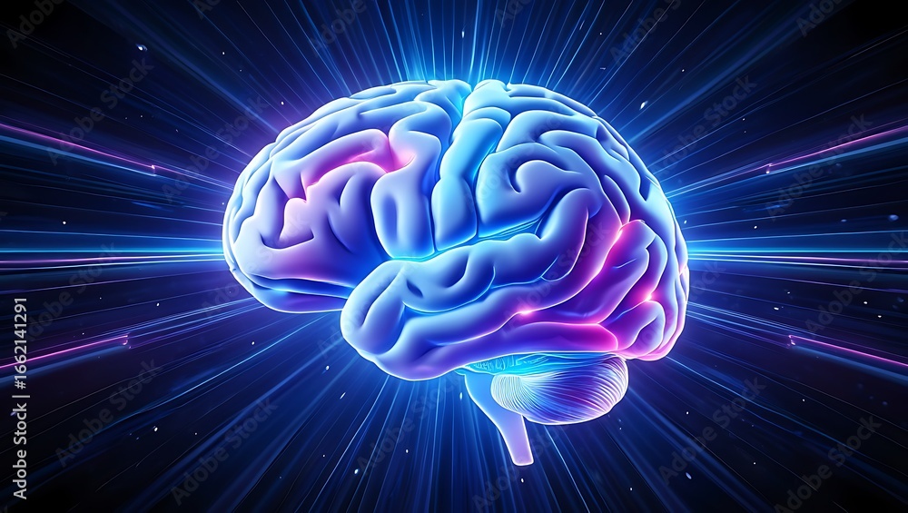 Poster vibrant digital human brain glowing with neon blue and pink light symbolizing artificial intelligenc