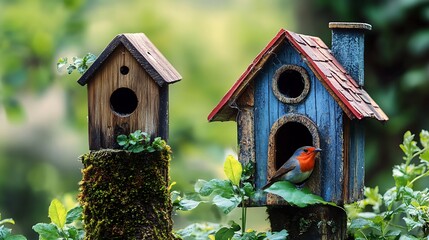 Naklejka premium Two Birdhouses with Colorful Accents and Robin Perched in One on Natural Background