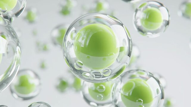 Green spheres in transparent bubbles. Biological cell division or medical science concept background footage.