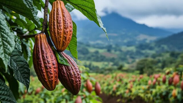 Ripe cocoa pod on tree branch with lush green leaves and blurred field of cocoa plants and mountains, agriculture footage.
