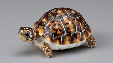 Unique turtle with distinct shell texture and features walking on a plain surface during daylight