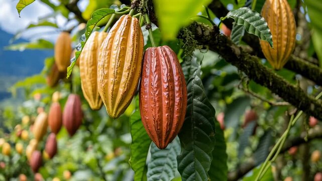 Ripe cocoa pod hang on tree branch at plantation against mountain view. Agriculture concept for chocolate production video.